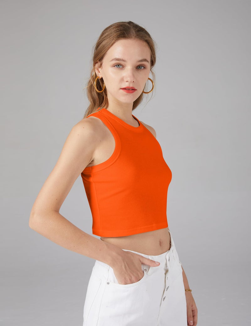 MISSACTIVER Women Basic Sleeveless Vest Crop Tank Top Casual Crew Neck Binding Crop Top (Large, Orange) - Image 2